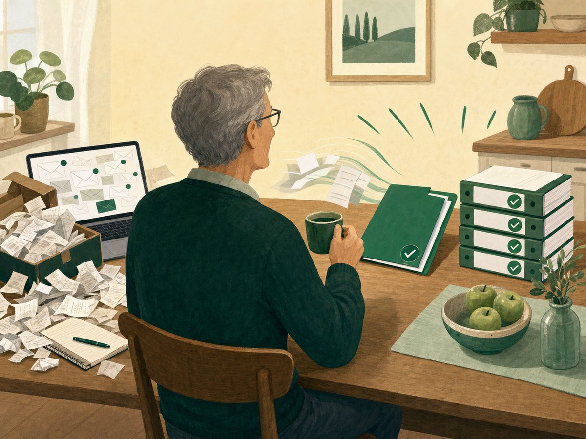 Illustration: Ein Kassenwart am Küchentisch – links ein Karton voller Papierbelege, rechts geordnete Ordner mit grünen Häkchen.